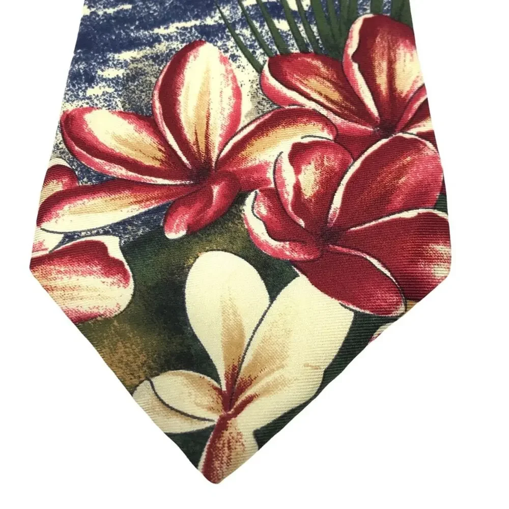 Oscar de la Renta Neckwear Silk Tie-Beach Scene, Plumeria, Boats, Palms